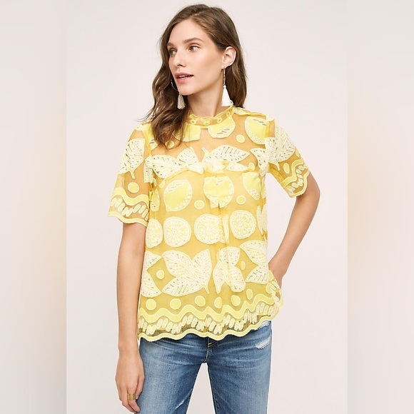 Anthropologie Tops - Anthropologie Yellow Lace Appliqué Short-Sleeve Blouse
